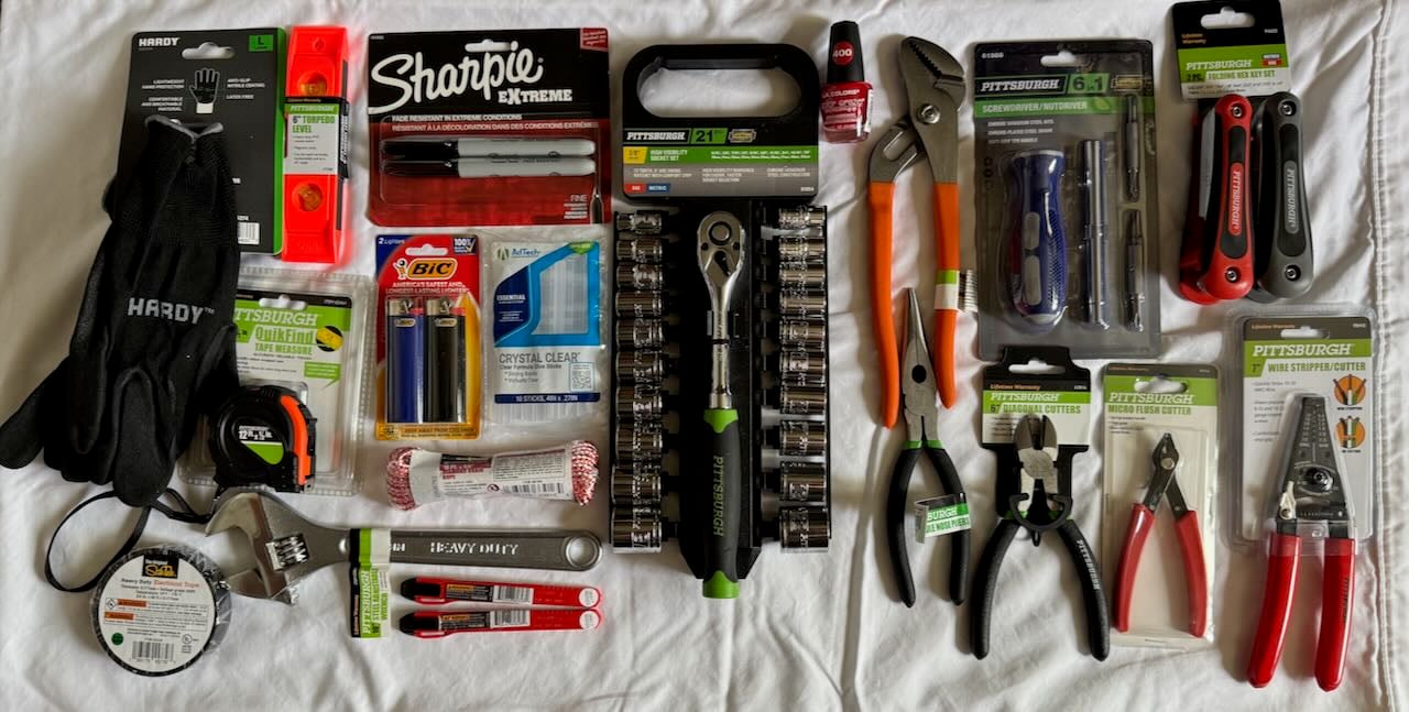 My new tools laid out on a sheet.