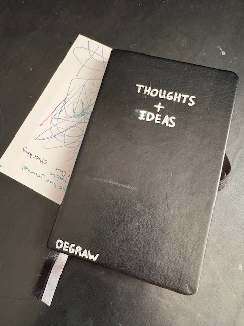 A small leather bound book with the text THOUGHTS + IDEAS hand written on it.