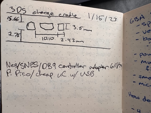 A closeup photo of a journal page with dimensions sketched and notes about projects.