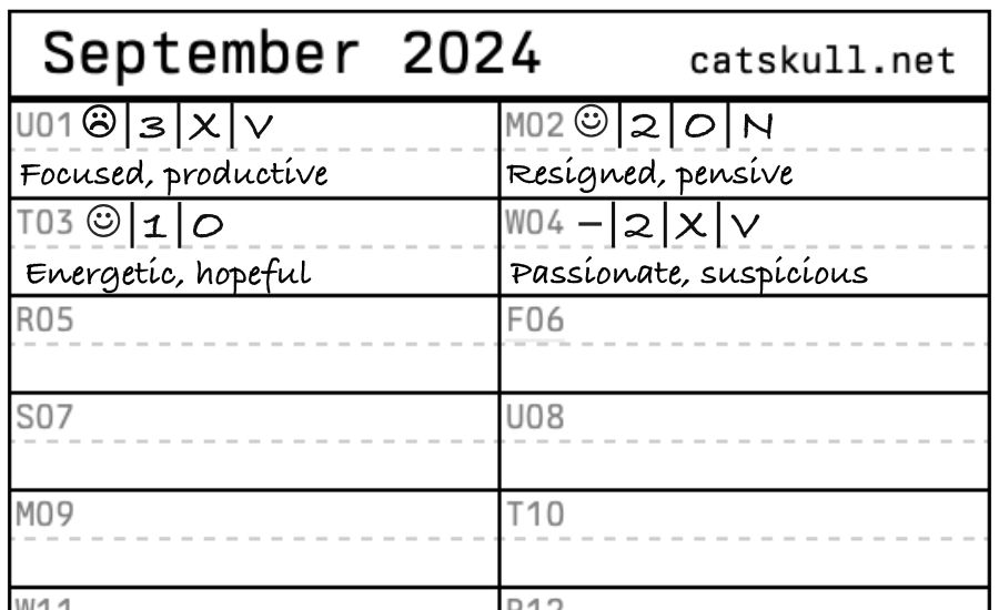 A partially filled out micro journal, with icons and text indicating events.