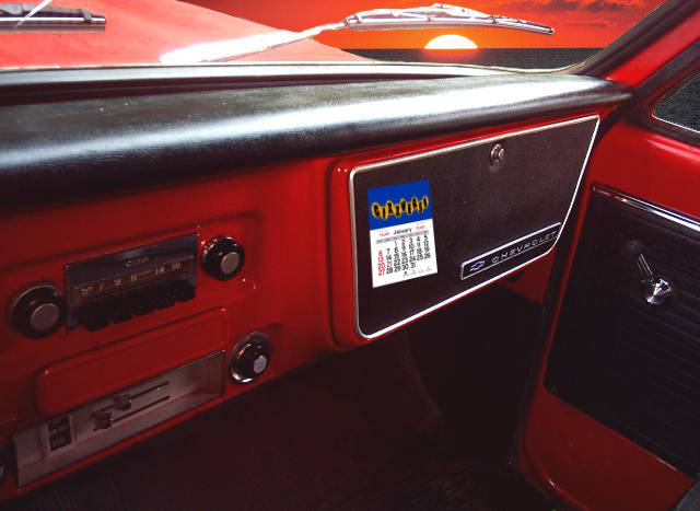 An artistic representation depicting a stick-and-peel calendar attached to the glove box of a vintage chevy truck with a beautiful sunset in the background.