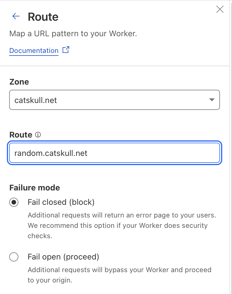 the configuration page for a cloudflare worker route.