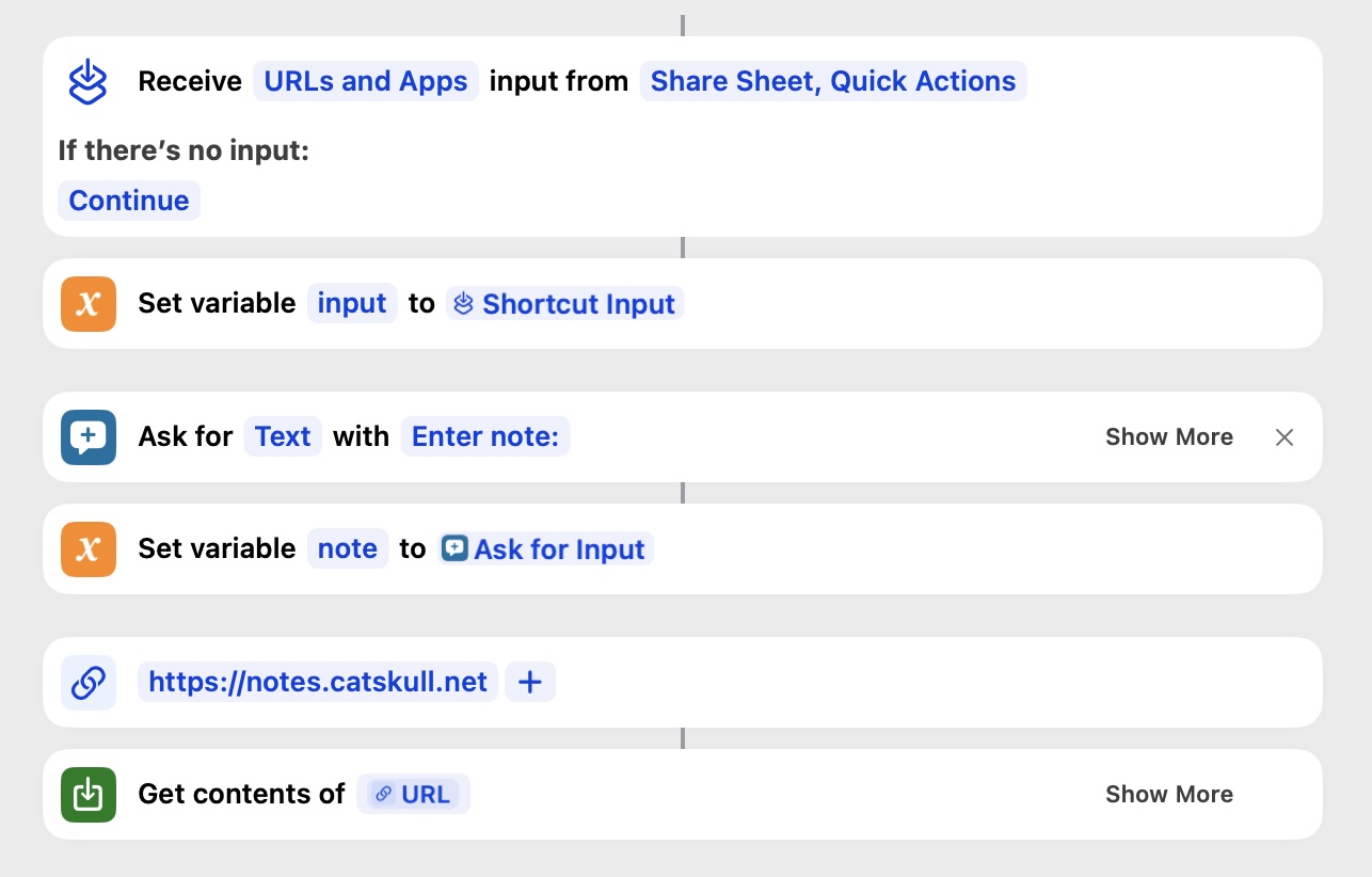 A screenshot of the Apple Shortcuts app showing the various steps the shortcut takes to capture a URL and text input from the user and send as an HTTP POST request to a Cloudflare Worker